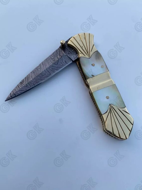 Custom Hand Forged - Damascus Steel Folding Pocket Knife Mother Of Pearl, HANDLE