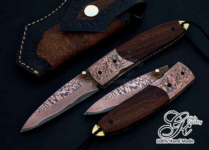 Handmade Copper Damascus Folding Hunting Pocket Knife Copper Waves Xmas Gift GK9