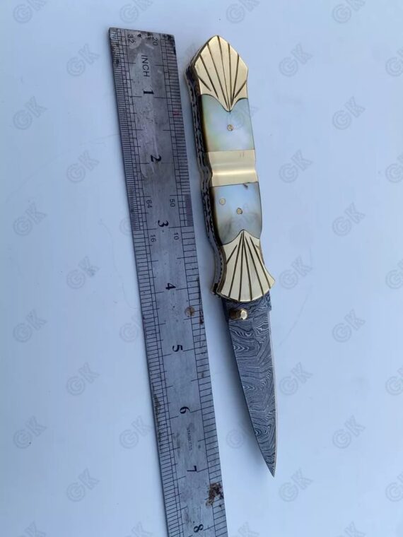 Custom Hand Forged - Damascus Steel Folding Pocket Knife Mother Of Pearl, HANDLE